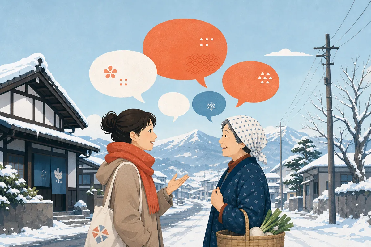 秋田弁の会話表現と雪国の街並みを示す編集イラスト