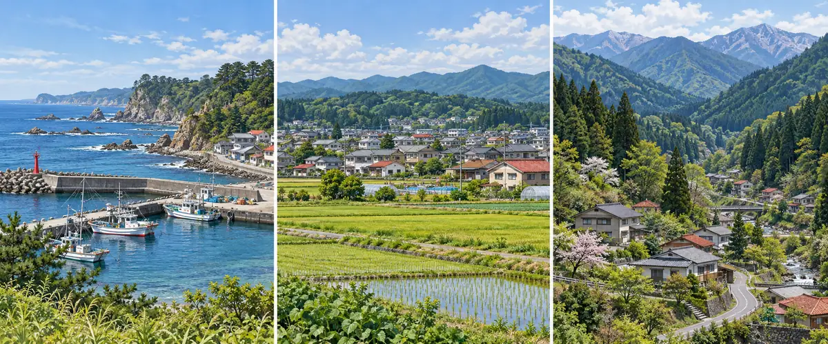 海岸、平野、山あいの風景を並べた地域差を考えるイメージ