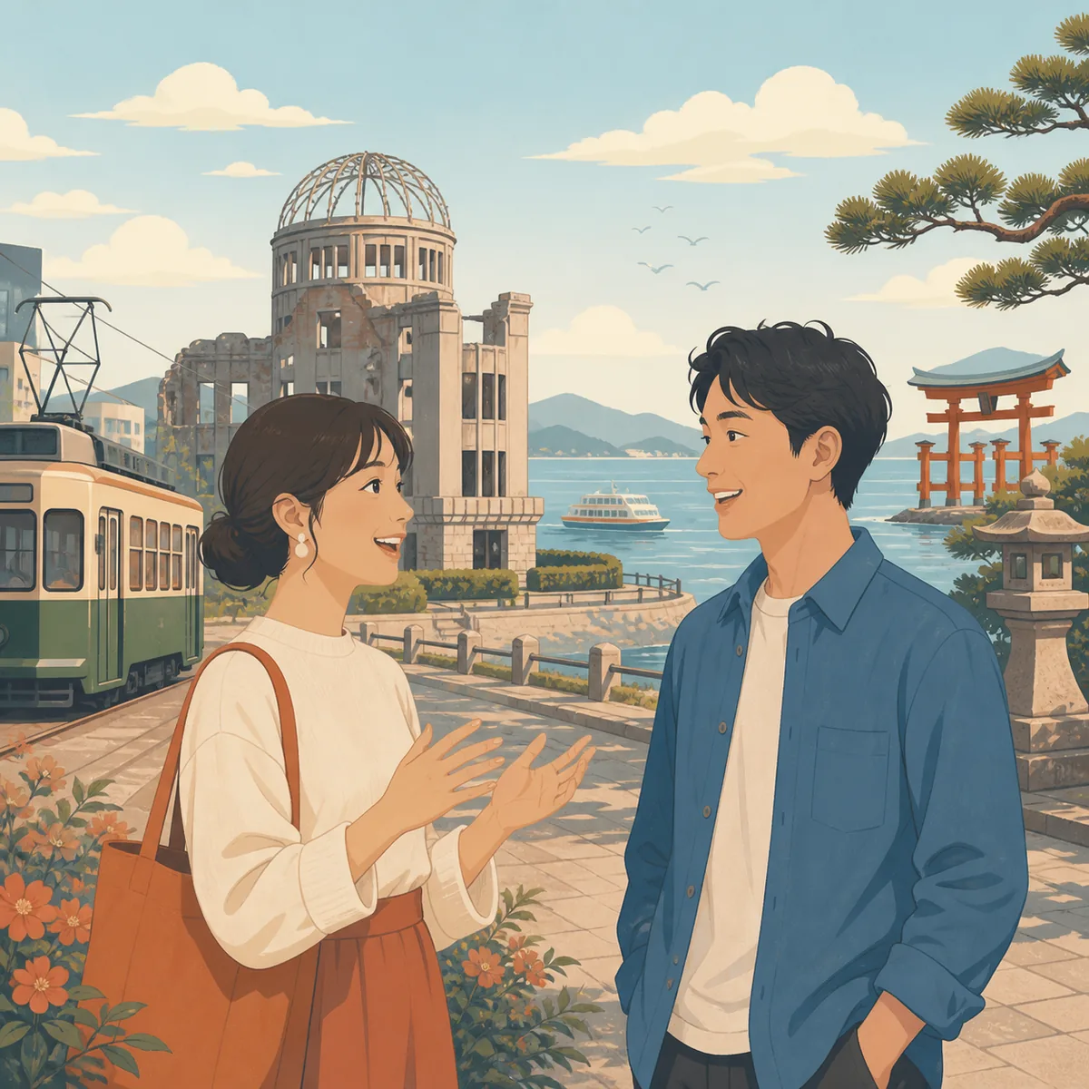 広島の街並みを背景に会話する二人を描いた広島弁の編集イラスト