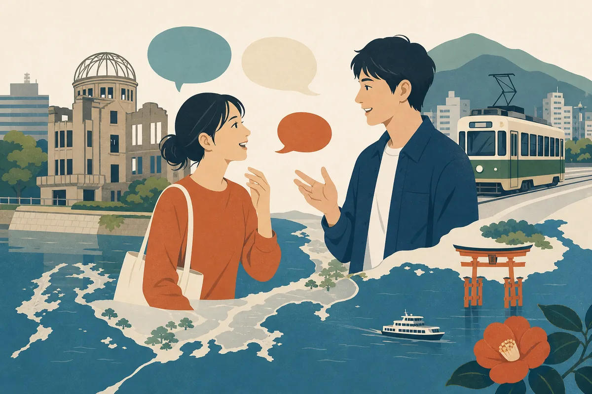 広島弁の会話表現と広島の街並みを示す編集イラスト