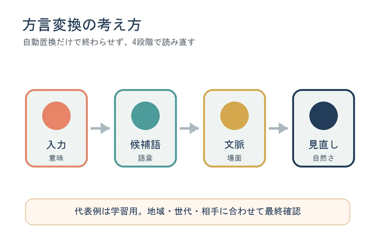 入力、候補語、文脈、見直しの4段階で方言変換を考える流れ図