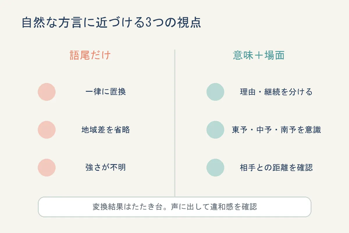 語尾だけの一律置換と意味や場面を考えた自然な方言の違いを示す比較図