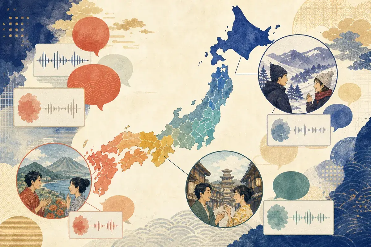 北海道、関西、九州など日本の地域ごとの方言と会話を描いた比較イラスト