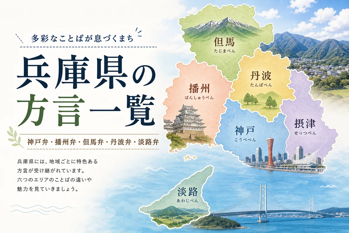 兵庫県の方言一覧を神戸弁・播州弁・但馬弁・丹波弁・淡路弁に分けて示す画像