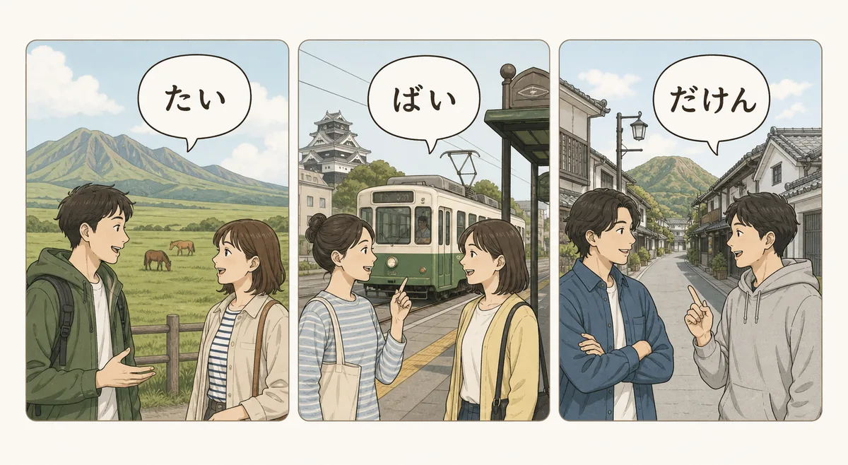 熊本弁のたい、ばい、だけんの会話場面を示す説明イラスト