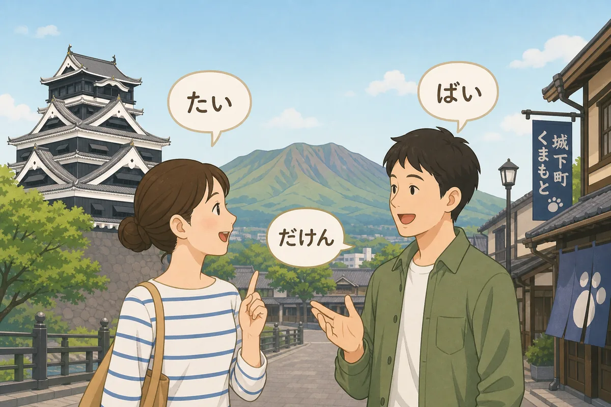 熊本弁の会話表現と熊本の街並みを示すイラスト