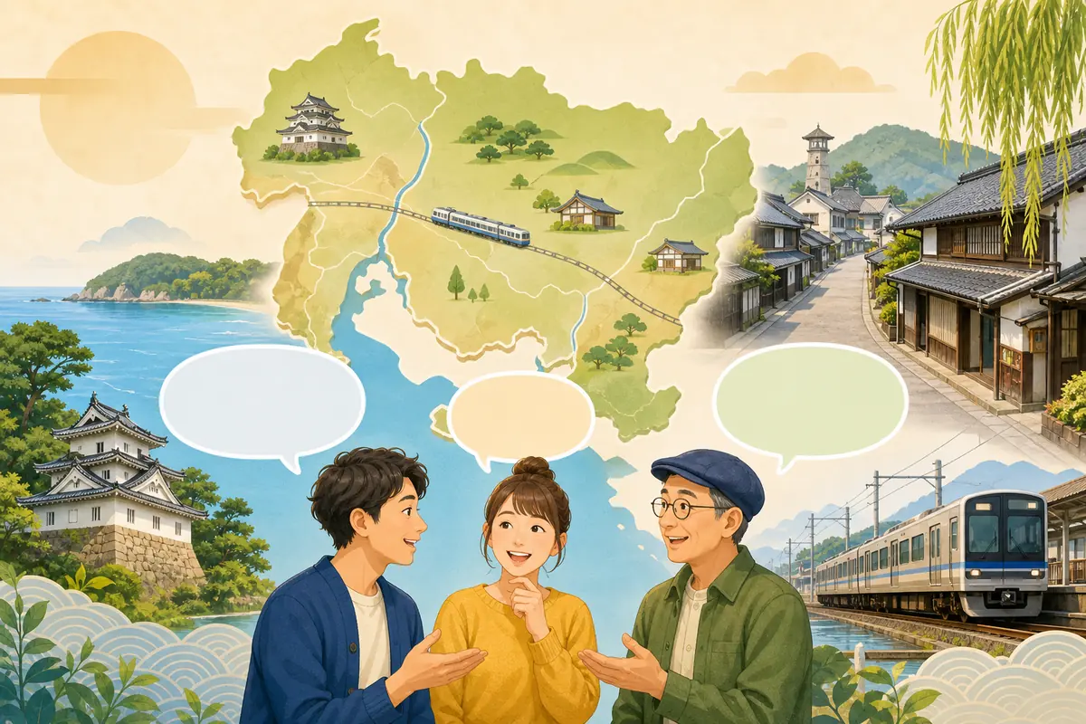 三河弁の地域差と会話表現を示すイラスト