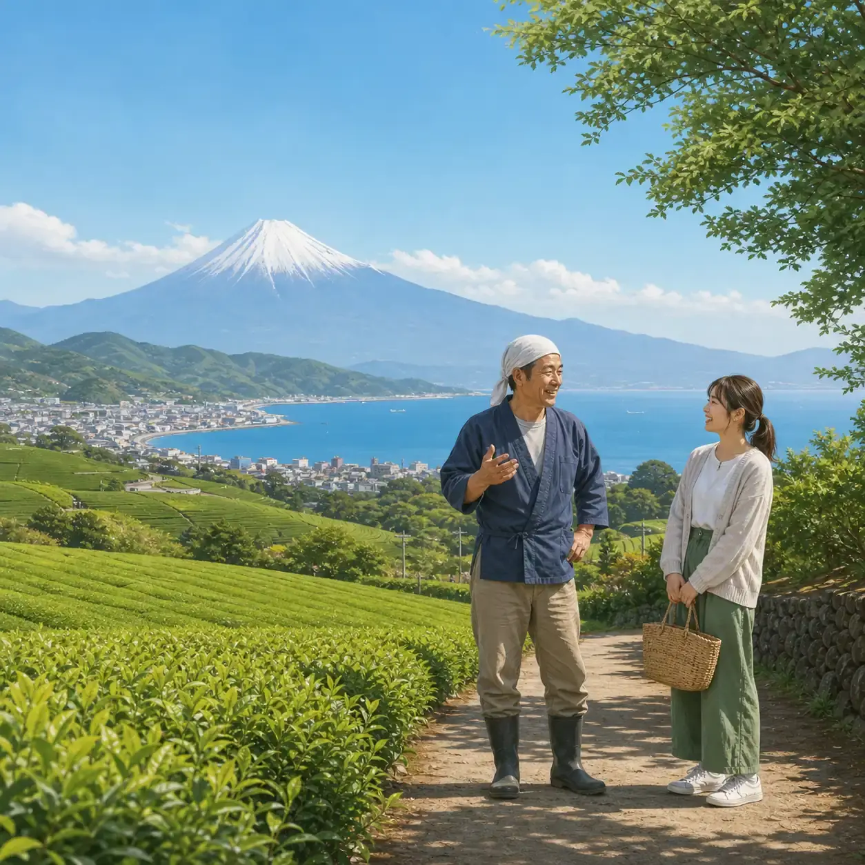 茶畑と駿河湾を背景に静岡のことばで会話する二人