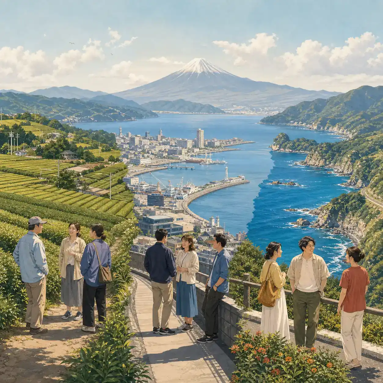 茶畑と港と伊豆の海岸を並べて静岡県内の地域差を表したイラスト