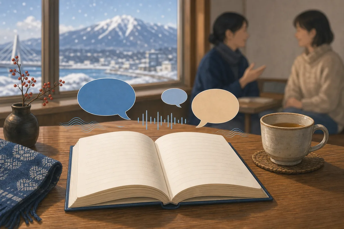 雪景色を眺めながら方言の会話を学ぶノートと二人のイラスト