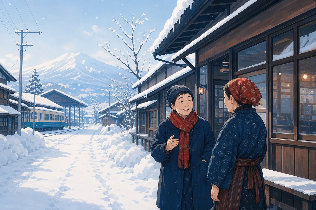 雪の津軽地方の町並みで会話する二人のイラスト