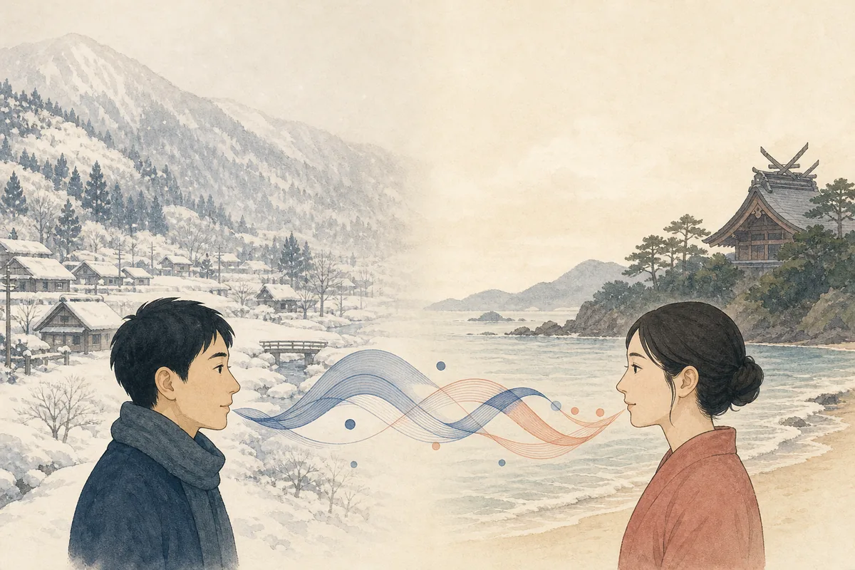東北の雪景色と出雲の海辺を音の波で結ぶ編集イラスト