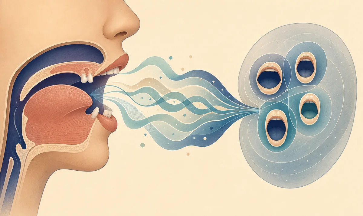 口から出る複数の音が近い響きへ集まる様子を示した発音の編集図
